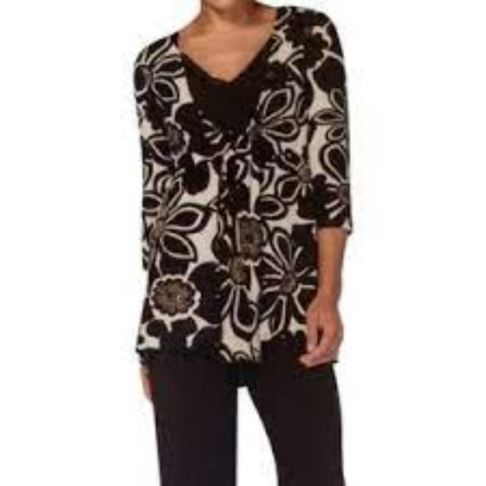 CAbi Mod Floral Long Tie Front Cardigan Brown & Cream  szL